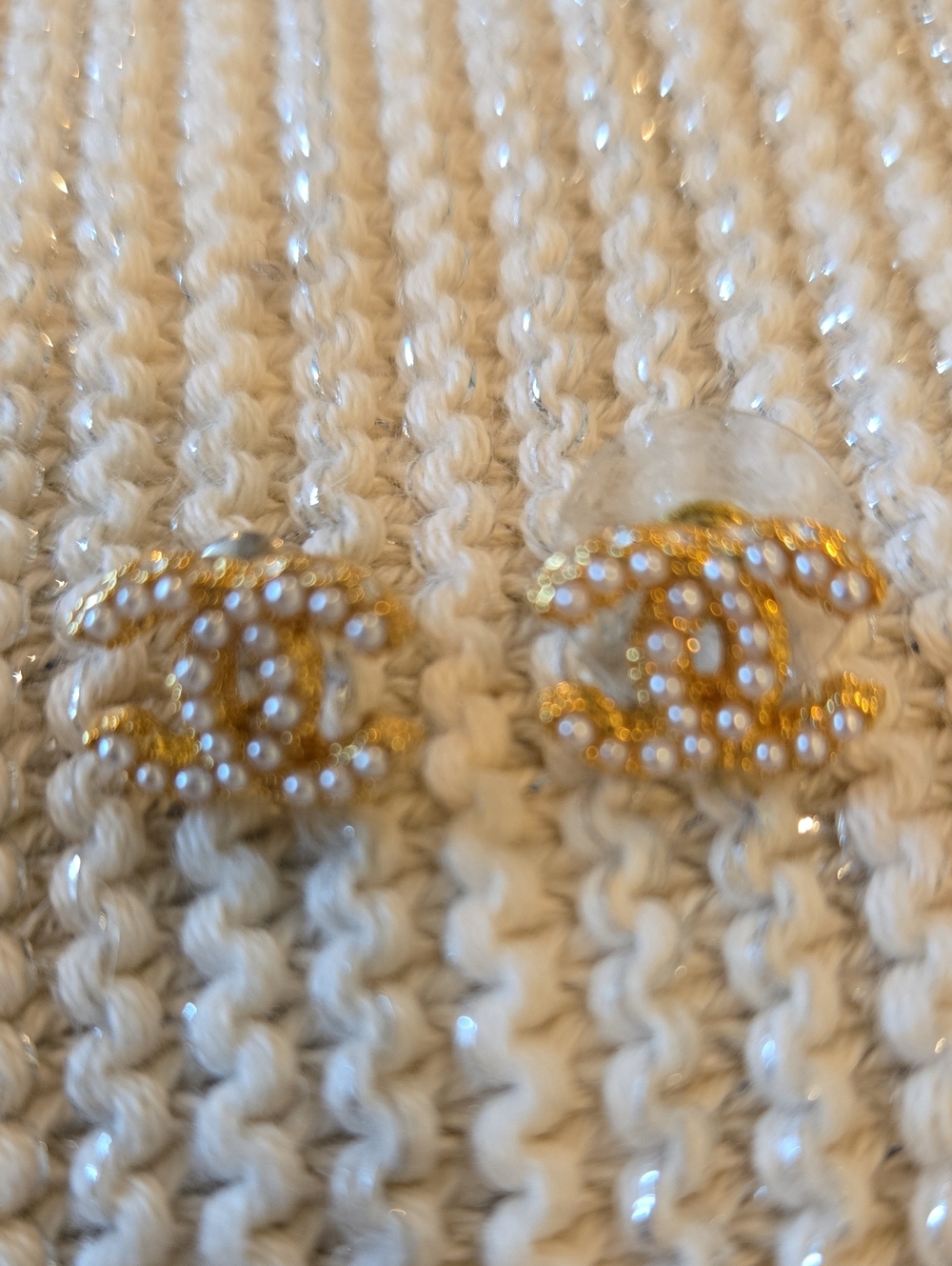 Special Purchase Gold and Pearl (Faux) CC Stud Earrings New